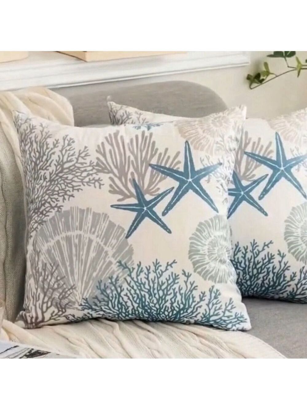 NEW Set of 2 Beach House Coastal Throw Pillows Feather Filled Blue & White 18x18